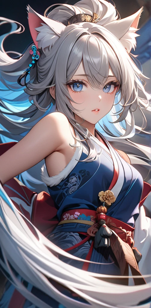 White Gauntlet、No sleeve、Bleaching、(masterpiece, best quality:1.2), 1girl, 独奏,Wolf girl, fox mask, ninja, girl, white hair, odd eyes, blue kimono, ninja girl, red and blue scarf,Dancing Cherry Blossoms, fantastic atmosphere.night、Shadows of light and darkness、Eyes glowing in the dark、Black fox mask、Fisheye Lens、hair、Bandage on chest、boy、Black fox mask、Blue Bondage