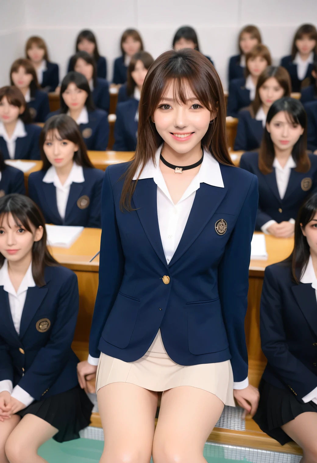 score_9, score_8, score_8up, score_7, Best Quality、masterpiece, group、((White tight shirt, navy blue blazer、 Miniskirt, uniform)), big breasts at the temple, ((layered haircut)), slender body sitting in a rock bath, Slim face(8k,Best Quality),Shooting from a medium distance,lecture hall, Adorable, smile, Long Brown Hair, black choker 、 Almond Eye、bangs、 firing from a medium distance, , ((Big Breasts))、Students listening to a lecture、Happy expression、 natural makeup、 they are sitting side by side taking class