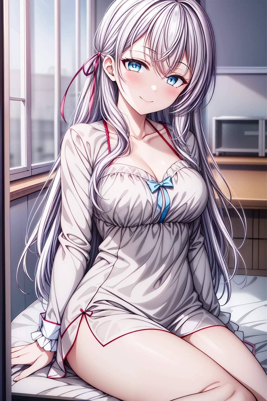 (( a girl)),(( Simple background )),(( breasts)),((  High resolution)),((   Lighting and color)),(( smile)),(( Blue eyes)),((   masterpiece   )), ((quality))Disfrute de la perfección mientras contempla a Alisa Mikhailovna Kujou descansando pacíficamente en una cama de alta quality.  Adorned with a beautiful nightgown ,  with perfect anatomy ,  while the soft moonlight through the window adds a touch of magic to this stunning 4K image ,  Free of any distortion that could detract from their beauty .."