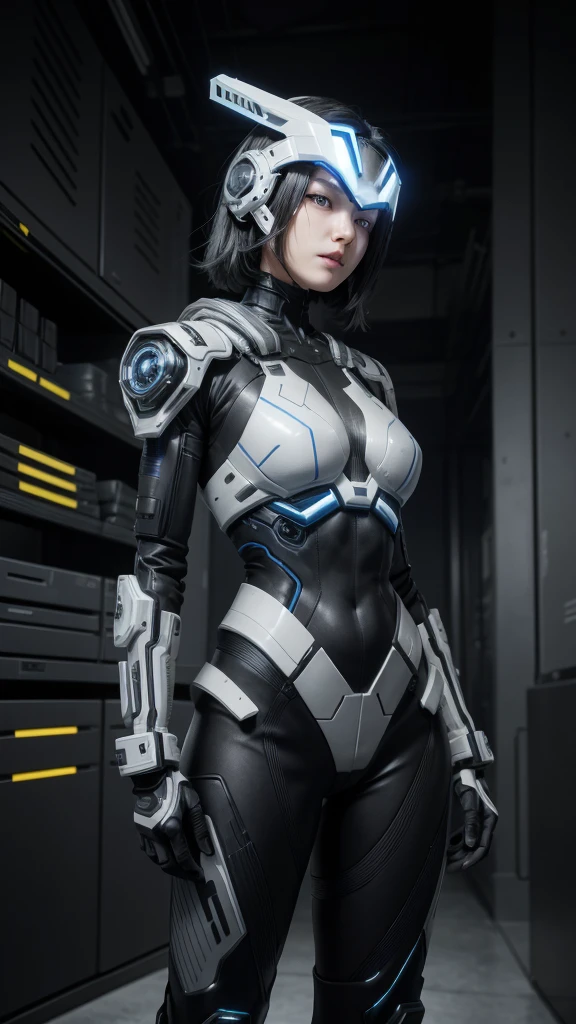 Fullbody, cowboy shot, hyper detailed, high contrast, cinematic lighting, advanced 3d rendering, volumetric lighting, ultra-fine details, sharp focus, cyborg female robot warrior, detailed metallic body, short cyberpunk hair, glowing blue circuits, futuristic technorganic armor, intricate mechanical limbs, powerful stance, dramatic lighting, cinematic composition, 8k, best quality, masterpiece, 1girl, sci-fi,