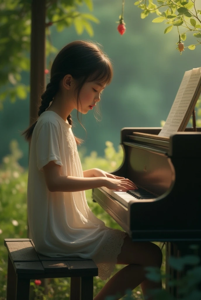 A little boy is playing the piano in the field,夏天,Golden sunshine,head looking up,8K,HighestQuali