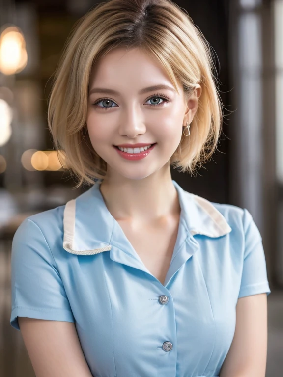 (2 Ultimate Beauty Nurse)、{{{masterpiece}}}， {oh oh oh, oh, real：1.2}， best quality， official art， Highly detailed CG Unity 8k wallpaper， Very rich facial details、delicate lips、exquisite eyes、double eyelids、((Blonde Bob Hair))、(Nurse:1.3)、(Charming figure)、(huge)、（（Open your mouth and smile： 1.8， Lovely smile： 1.8））， alone， Short hair details， vibrant smile， blue eyes，have eyes_ashes， {Beautiful and detailed gradient eyes}， red lips，thigh, thigh, thigh, perfect fit, perfect image realism, background with: (hospital ward:1.2),  Detailed background, detailed clothing, perfect lighting、Surreal、(Realism:1.4)、8K maximum resolution, (masterpiece), The content is very detailed, professional，