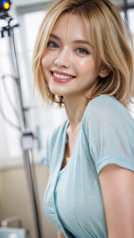 (2 Ultimate Beauty Nurse)、{{{masterpiece}}}， {oh oh oh, oh, real：1.2}， best quality， official art， Highly detailed CG Unity 8k wallpaper， Very rich facial details、delicate lips、exquisite eyes、double eyelids、((Blonde Bob Hair))、(Nurse:1.3)、(Charming figure)、(huge)、（（Open your mouth and smile： 1.8， Lovely smile： 1.8））， alone， Short hair details， vibrant smile， blue eyes，have eyes_ashes， {Beautiful and detailed gradient eyes}， red lips，thigh, thigh, thigh, perfect fit, perfect image realism, background with: (hospital ward:1.2),  Detailed background, detailed clothing, perfect lighting、Surreal、(Realism:1.4)、8K maximum resolution, (masterpiece), The content is very detailed, professional，