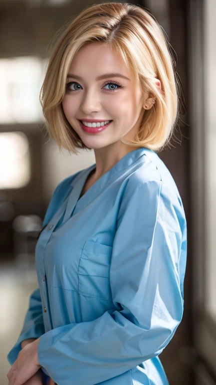 (2 Ultimate Beauty Nurse)、{{{masterpiece}}}， {oh oh oh, oh, real：1.2}， best quality， official art， Highly detailed CG Unity 8k wallpaper， Very rich facial details、delicate lips、exquisite eyes、double eyelids、((Blonde Bob Hair))、(Nurse:1.3)、(Charming figure)、(huge)、（（Open your mouth and smile： 1.8， Lovely smile： 1.8））， alone， Short hair details， vibrant smile， blue eyes，have eyes_ashes， {Beautiful and detailed gradient eyes}， red lips，thigh, thigh, thigh, perfect fit, perfect image realism, background with: (hospital ward:1.2),  Detailed background, detailed clothing, perfect lighting、Surreal、(Realism:1.4)、8K maximum resolution, (masterpiece), The content is very detailed, professional，