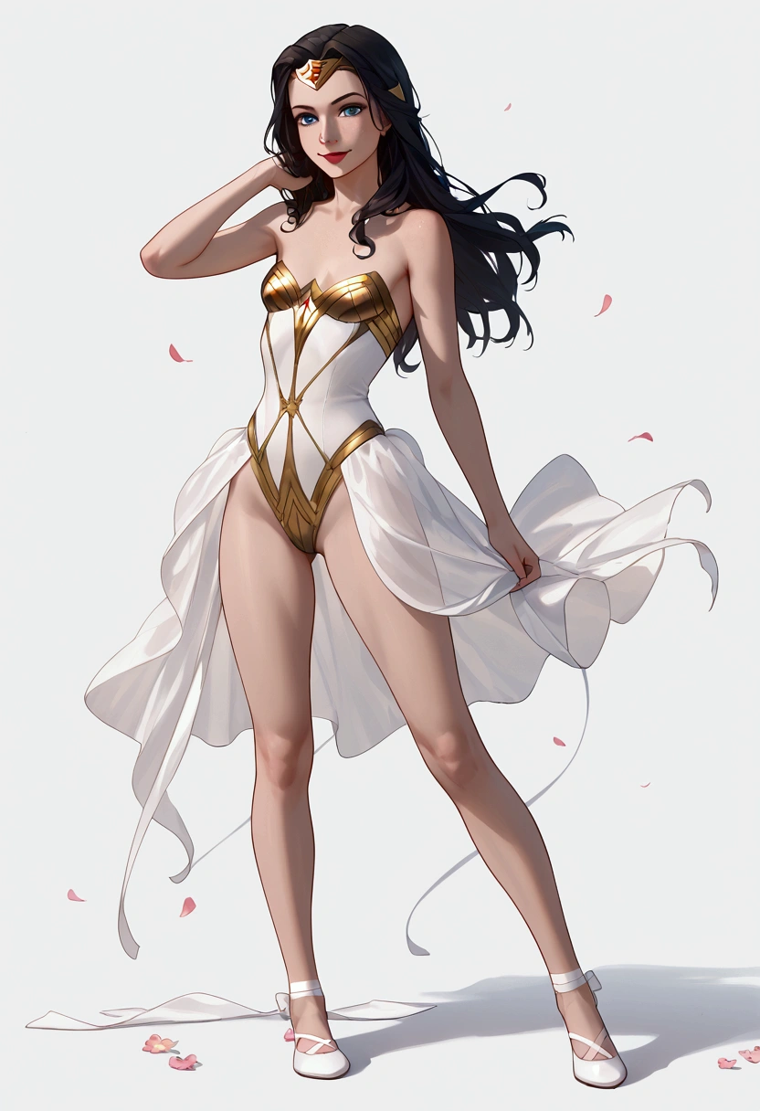 ((full body shot, standing, feet on the ground)) Wonder Woman, masterpiece, best quality, highly detailed, score_9, score_8_up, score_7_up, score_6_up, anime source,BREAK, 1girl, solo, undressed, naked, long hair, blue eyes, flower, hair bow, small breasts, bow, looking at viewer, freckles, parted lips, smile, full body, red lips, lips, leather ballet slipper, side-front, She looks at you, your gauze hurts, fishnets, white background, neutral cast
