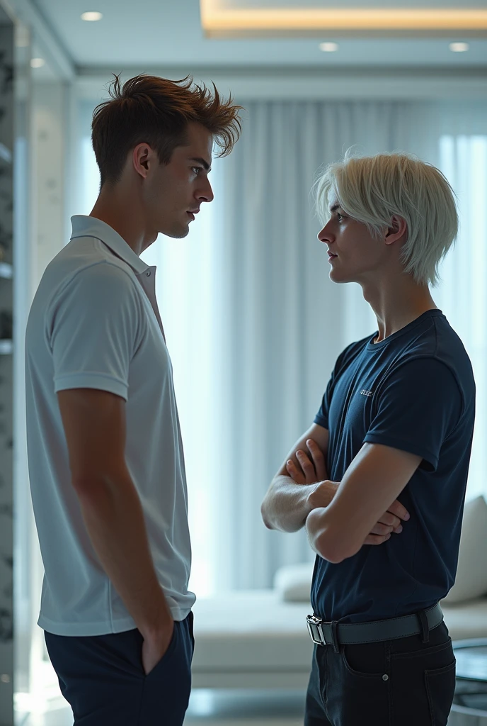 platinum gray hair A -yeld borabs his 15-year-o brr by neck , They are facing each other are fighting their angry face, grabs him by the shirt and threatens to hit him with his fist... , esta enfadado con ganas de golpearlo ambos tienen cabello gris plateado camisetas negras