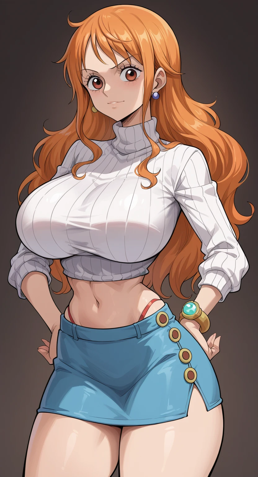 Nami (one piece)
:p 1girls big breasts breasts crop top cropped sweater exposed midriff exposed torso female female only hands on hips huge breasts narrow waist ribbed sweater short skirt skirt standing sweater thin waist tiny waist turtleneck turtleneck sweater wide hips