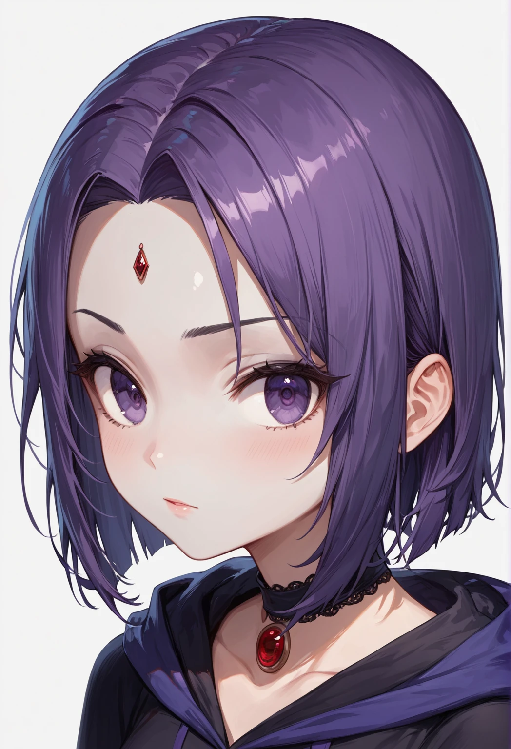 score_9, score_8_up, score_7_up,source_anime, high res image, masterpiece,best quality,girl,cute face,clear skin,simple_background,  raven, gothic, purple eyes, grey skin, purple hair