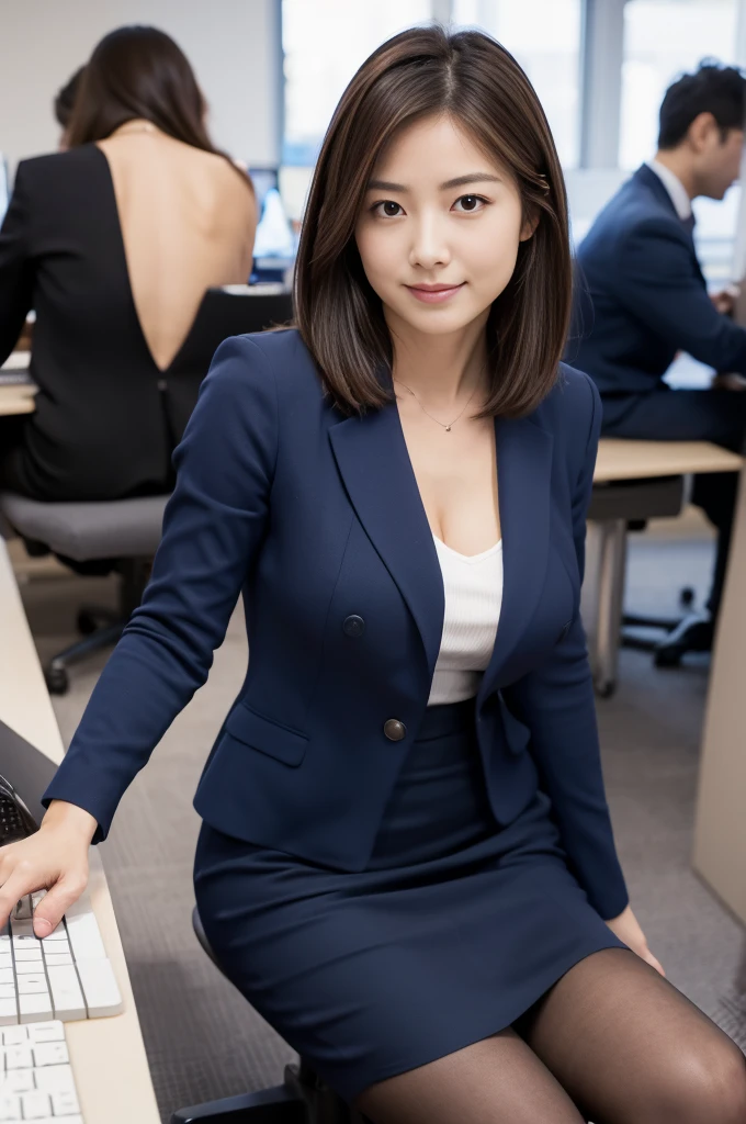 (8k, RAW photo, photorealistic, HQ, masterpiece), a cute Japanese woman, (glowing eyes), 
(light smile:0.5), brown hair, very short bob, (dark blue business suit, Pencil Skirt), large breasts, (sitting on office chair), (typing on a computer keyboard:1.4), (Computer on the desk:1.4), background Large office
blurred background, depth of field, natural lighting, backlighting, face lightning, 