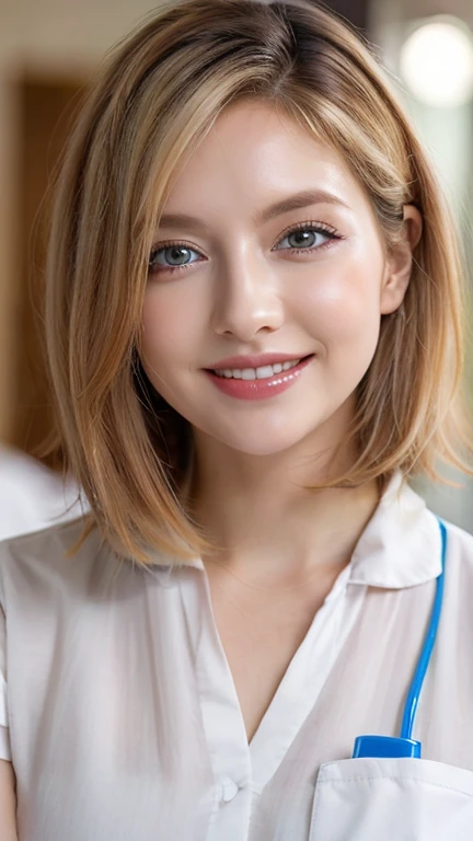 (2 Ultimate Beauty Nurse)、{{{masterpiece}}}， {oh oh oh, oh, real：1.2}， best quality， official art， Highly detailed CG Unity 8k wallpaper， Very rich facial details、delicate lips、exquisite eyes、double eyelids、((Blonde Bob Hair))、(Nurse:1.3)、(Charming figure)、(huge)、（（Open your mouth and smile： 1.8， Lovely smile： 1.8））， alone， Short hair details， vibrant smile， blue eyes，have eyes_ashes， {Beautiful and detailed gradient eyes}， red lips，thigh, thigh, thigh, perfect fit, perfect image realism, background with: (hospital ward:1.2),  Detailed background, detailed clothing, perfect lighting、Surreal、(Realism:1.4)、8K maximum resolution, (masterpiece), The content is very detailed, professional，