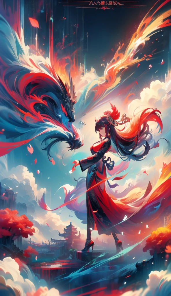 (A Divine Beast), Nine-Tailed Demon Fox, Dynamic Body Type, (Chinese Monster), Handsome, Splashed Ink, Chinese, 1girl, ((Full Body), ((2.5D)), Floating Hair, Beautiful Eyes, Delicate Eyes, Delicate Silhouette, Fantasy Art, (Black and Red Antique Brocade Hanfu), FOV, (Masterpiece), Frontal Shot, Side Portrait, White Background, (Movie Poster), Sharp, Splash, Cloud, Petals, Empty, Sky, (Wide Angle Lens), Vista