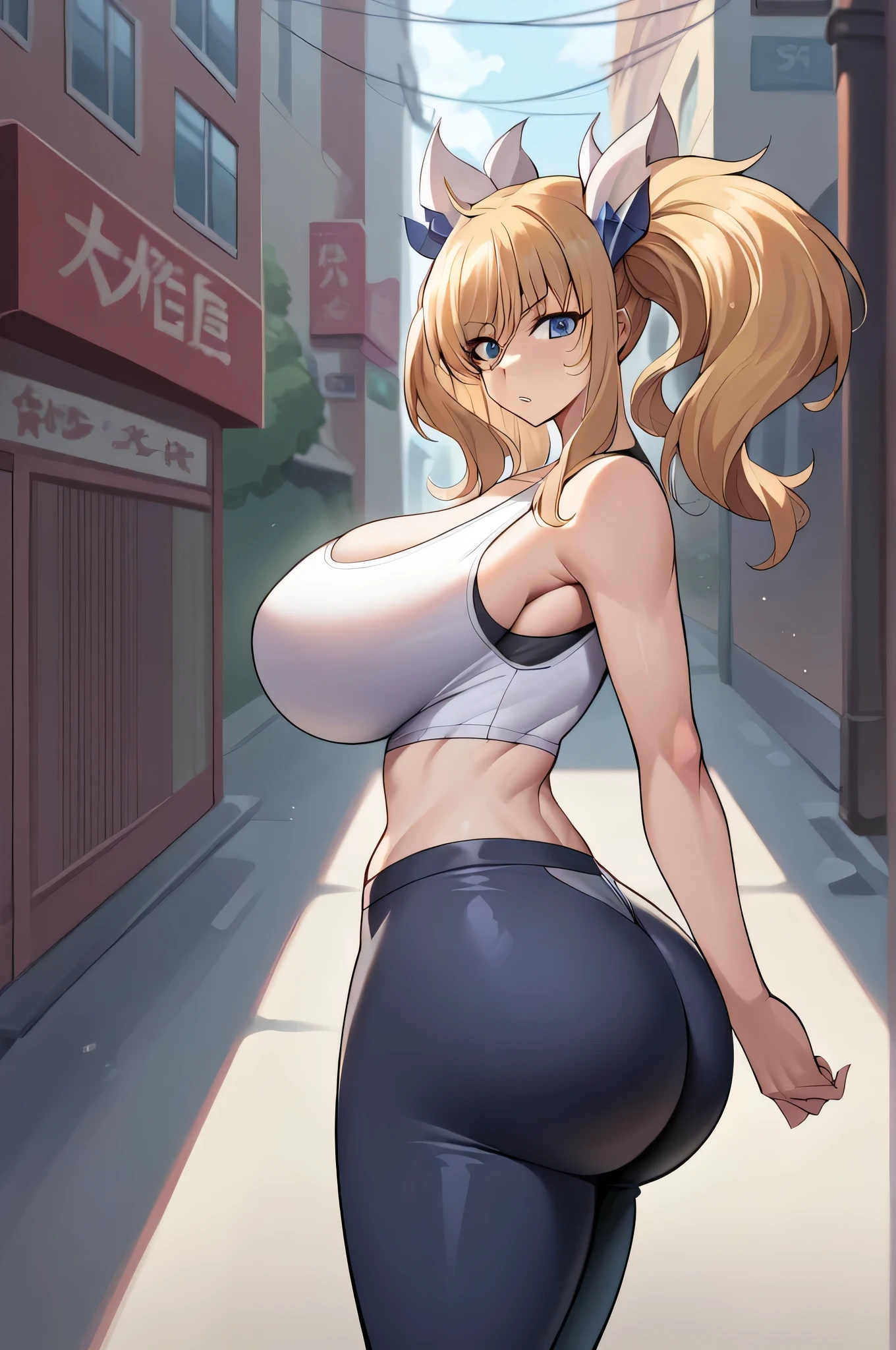 score_9, score_8_up, score_7_up, score_6_up, source_anime, BREAK 1girl, onizaki kirara, blonde hair, twintails, hair ornament, , large breasts, tank top, leggings, street, looking at you,, , (gigantic ass), curvy ass, slim waist ,