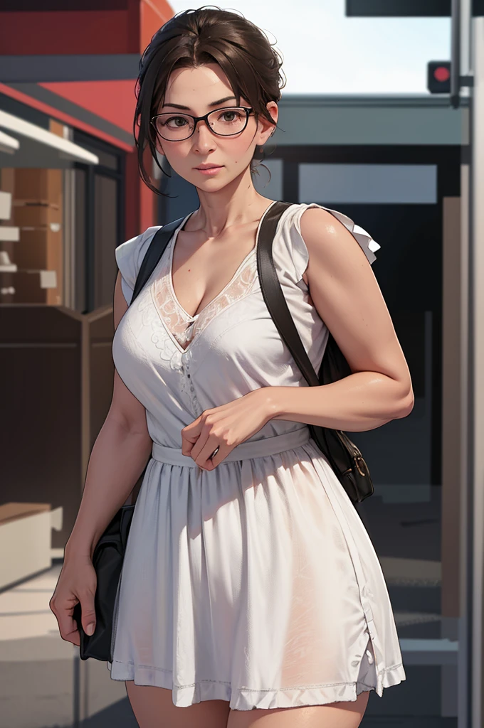 jukujo, milf, （mother）， 40 years old, mature woman, Adult face, mature face, glasses, woman in glasses, street clothes, woman in street clothes, повседневная одежда, женщина в повседневной одежде, полностью одета, fully dressed, elegantly dressed, chubby, (Married woman)， Brown eyes, A woman has small wrinkles under her eyes, Pink lips，черные волосы с фиолетовым оттенком, (Create a great atmosphere), Perfect skin, (One, full figure), Full of texture, Hot rendering, Immersive visual pleasure，((Best quality)), ((the masterpiece)), maximum resolution, Multilayer textures， ultra - detailed， Illustration，（super detailed face)，（this is the perfect face）， finely detailed textures， Ultra HD display with detail， excellent image quality，Perfect fit and harmonious tones，deep lines，Precise strokes，A strong sense of three-dimensionality， Wonderful color scheme，complex parts, big breasts, big ass