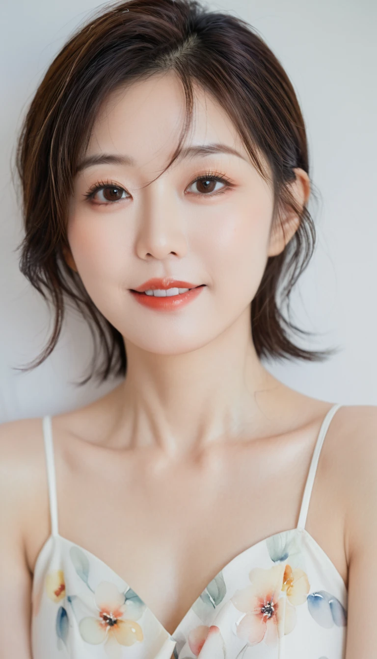 ((Best quality, 8k, Masterpiece :1.3)), 1girl, beautiful woman with emphasis on slim abs: 1.3, (casual hairstyle, big breasts: 1.2), casual wear: 1.2, interior, ultra-detailed face, delicate eyes, double eyelids, soft breasts, smile, (nudity:1.3),(sperm on boobs:1.3)