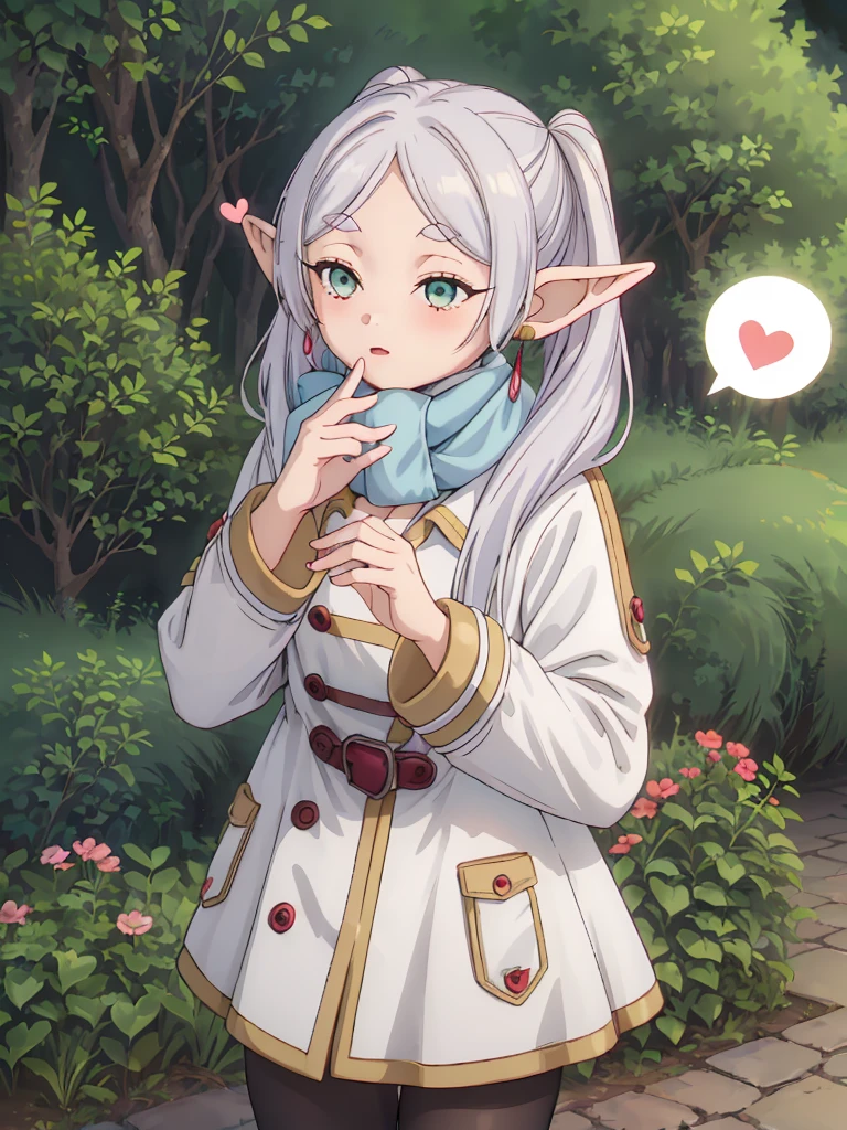 (1girl, frieren, sousou no frieren), (petite female elf, green eyes, long hair, white hair, twintails, parted bangs, pointy ears), lips, round face, skinny, slender body, 

(white long coat, buttons, light blue scarf:1.3), pantyhose, brown boots, gold and red earrings, 

close-up, from side, contrapposto, (pursed lips, spoken heart, blow a kiss, blowing kiss:1.5), beautiful flower garden, nature, 

masterpiece, best quality, ultra detailed, very aesthetic, absurdres, newest, intricate, anime style, kawaiitech, cute pastel colors and symbols,