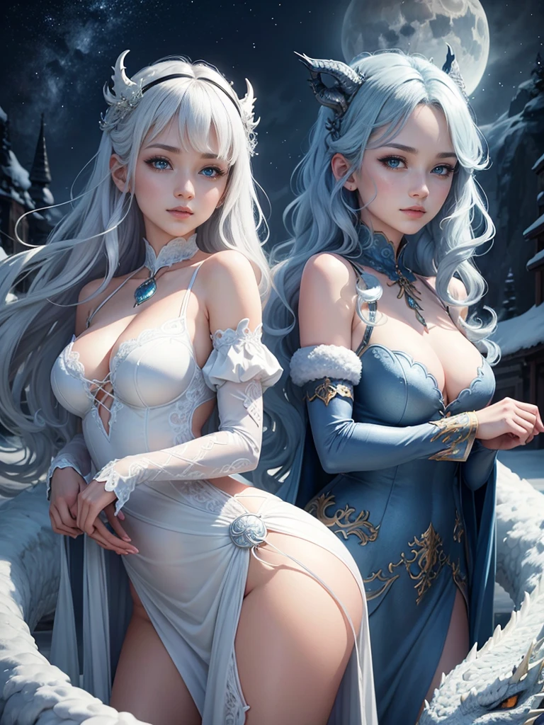 Slim woman with white hair, strahlend blauen Augen, green skin, ohne Kleider, die  mit sich selbst hat in einem romantischen Wald.