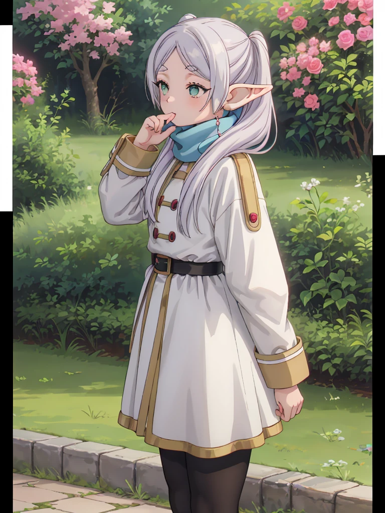 A ite female elf with green eyes, long white hair styled in twintails, and parted bangs stands in a beautiful flower garden. She wears a long white coat with buttons and a light blue scarf, along with pantyhose and brown boots. She has a round face, skinny and slender body, and is captured in a close-up side view in a contrapposto pose, pursing her lips and blowing a kiss. The image is a masterpiece of best quality, ultra detailed, very aesthetic, absurdres, newest, intricate, in an anime style with cute pastel colors and symbols.