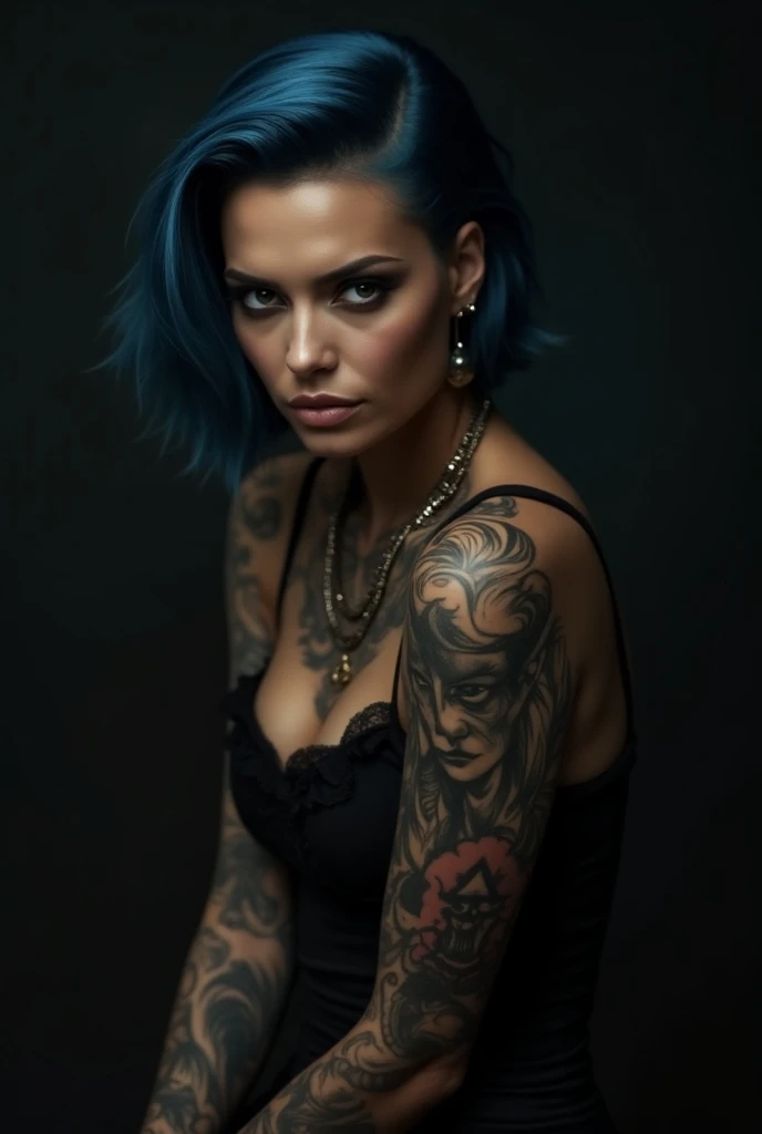 a woman with tattoos on her body and a black top