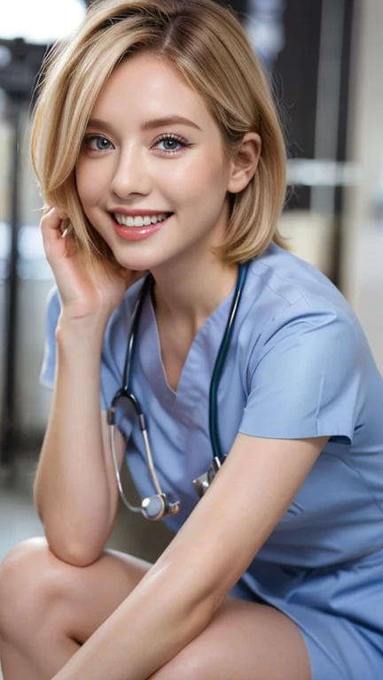 (Ultimate Beauty Nurse)、{{{masterpiece}}}， {oh oh oh, oh, real：1.2}， best quality， official art， Highly detailed CG Unity 8k wallpaper， Very rich facial details、delicate lips、exquisite eyes、double eyelids、((Blonde Bob Hair))、(Nurse:1.3)、(Charming figure)、(huge)、（（Open your mouth and smile： 1.8， Lovely smile： 1.8））， alone， Short hair details， vibrant smile， blue eyes，have eyes_ashes， {Beautiful and detailed gradient eyes}， red lips，thigh, thigh, thigh, perfect fit, perfect image realism, background with: (hospital ward:1.2), Detailed background, detailed clothing, perfect lighting、Surreal、(Realism:1.4)、8K maximum resolution, (masterpiece), The content is very detailed, professional，