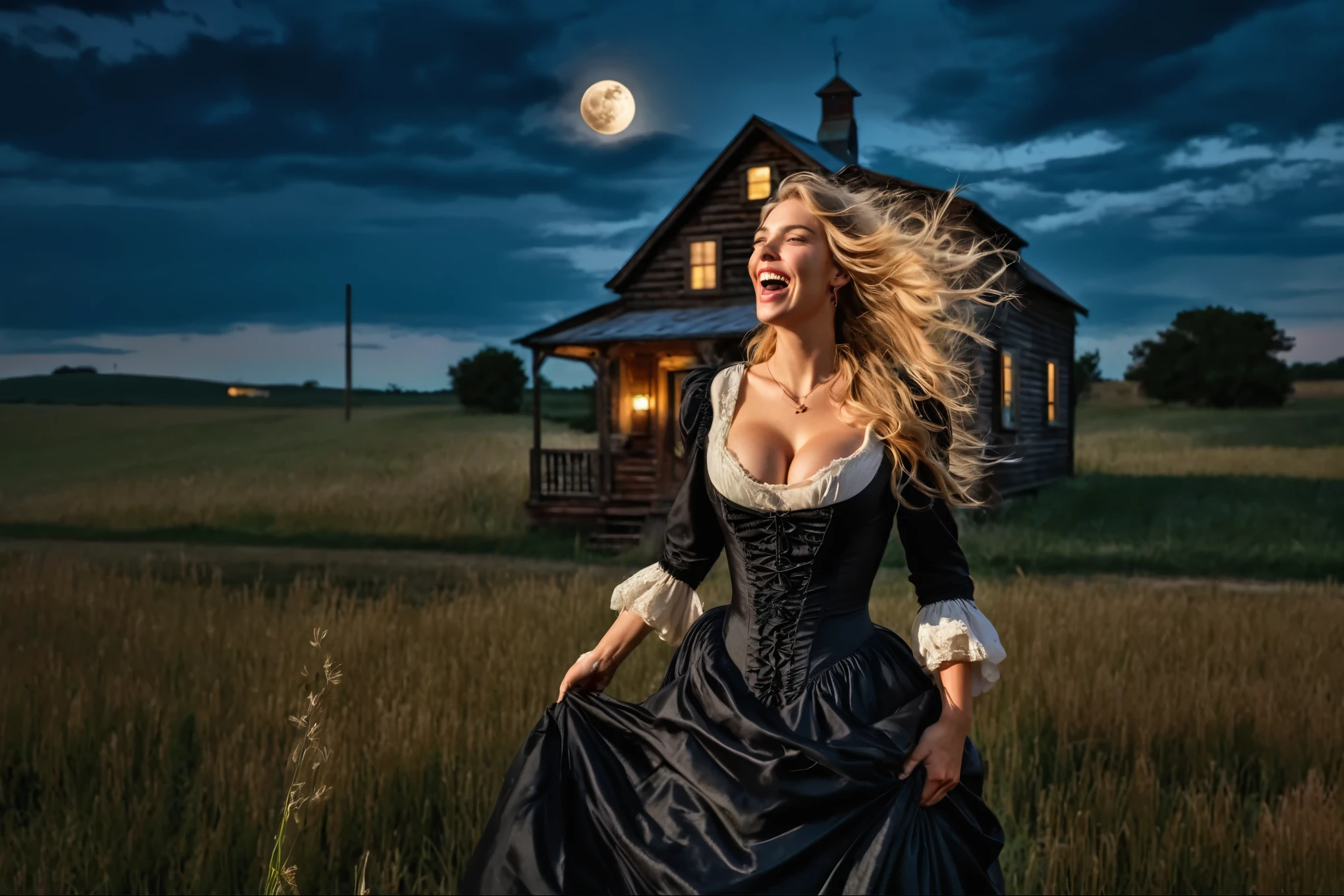 Masterpiece picture, top quality, best quality, beautiful and highly aesthetic. Sharp facial features, sharp features, hawkish features, busty nun, huge breasts mature woman, extremely detailed, portrait. dressed in Victorian era black apparel ((highly detailed dress)), cleavage, plunging neckline, slim waist, slim body, skinny body. Laughing maniacally and evilly. Walking through a field of tall grass illuminated by an imposing full moon. Dark midnight atmosphere, dark, mysterious, cinematic lighting, shadows, occultism atmosphere
