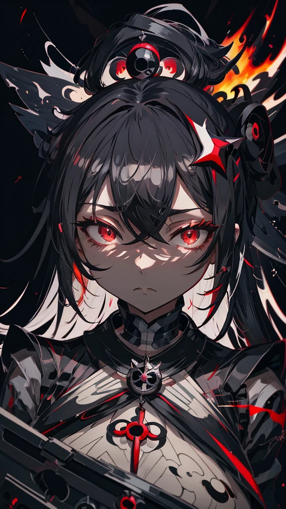 A man with long black hair in a red darkwave-style suit with silver details and a devil mask,Estilo Darkwave,retrato de medio cuerpo,centrado,HDR,8k,hiperrealista,hermoso estudio de luz suave,detalles vibrantes,Anatomical,elegante,foco nítido,Foto de estudio,tendencias en Artstation,hiper detallado,filtro polarizador