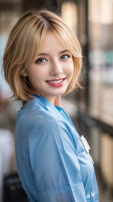 (Ultimate Beauty Nurse)、{{{masterpiece}}}， {oh oh oh, oh, real：1.2}， best quality， official art， Highly detailed CG Unity 8k wallpaper， Very rich facial details、delicate lips、exquisite eyes、double eyelids、((Blonde Bob Hair))、(Nurse:1.3)、(Charming figure)、(huge)、（（Open your mouth and smile： 1.8， Lovely smile： 1.8））， alone， Short hair details， vibrant smile， blue eyes，have eyes_ashes， {Beautiful and detailed gradient eyes}， red lips，thigh, thigh, thigh, perfect fit, perfect image realism, background with: (hospital ward:1.2), Detailed background, detailed clothing, perfect lighting、Surreal、(Realism:1.4)、8K maximum resolution, (masterpiece), The content is very detailed, professional，