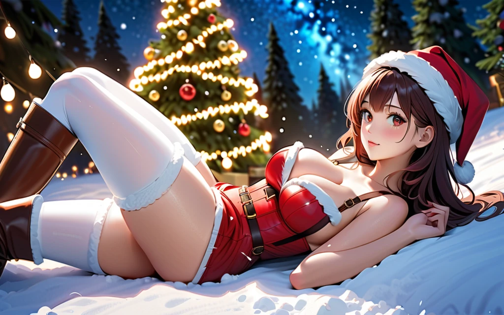 a beautiful young magical girl with large breasts, cleavage, tight red corset, short red shirt with white fluffy hem, red santa hat with small bell at the end and fluffy white rim, white stockings and suspenders with thigh-high red leather high-heeled boots, extremely detailed, photorealistic, 8k, highest quality, sparkling magical lights, beautiful starry night sky, winter wonderland, snow, snowing christmas trees adorned with lights and decorations, cinematic lighting, fantasy, vibrant colors, digital art, laying on her back on the ground with stretched bent legs, hands holding bottom of breasts , view from side, she is looking at viewer,
