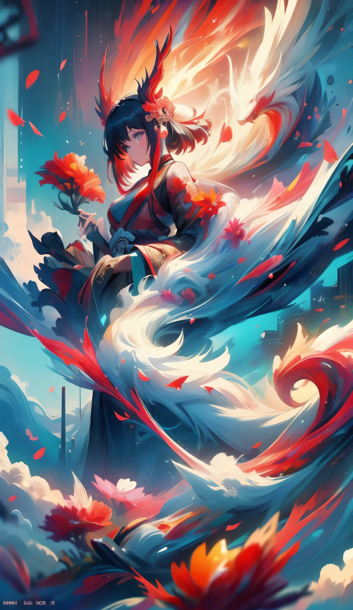 (A Divine Beast), Nine-Tailed Demon Fox, Dynamic Body Type, (Chinese Monster), Handsome, Splashed Ink, Chinese, 1girl, ((Full Body), ((2.5D)), Floating Hair, Beautiful Eyes, Delicate Eyes, Delicate Silhouette, Fantasy Art, (Black and Red Antique Brocade Hanfu), FOV, (Masterpiece), Frontal Shot, Side Portrait, White Background, (Movie Poster), Sharp, Splash, Cloud, Petals, Empty, Sky, (Wide Angle Lens), Vista