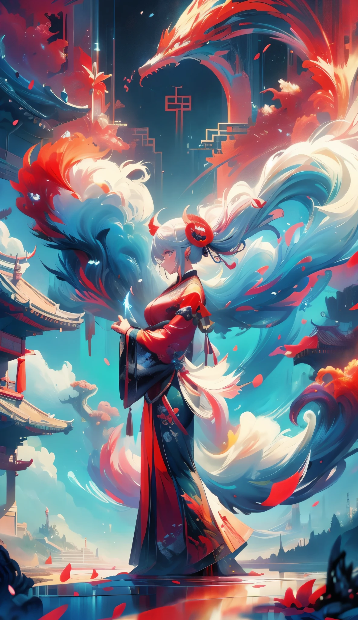 (A Divine Beast), Nine-Tailed Demon Fox, Dynamic Body Type, (Chinese Monster), Handsome, Splashed Ink, Chinese, 1girl, ((Full Body), ((2.5D)), Floating Hair, Beautiful Eyes, Delicate Eyes, Delicate Silhouette, Fantasy Art, (Black and Red Antique Brocade Hanfu), FOV, (Masterpiece), Frontal Shot, Side Portrait, White Background, (Movie Poster), Sharp, Splash, Cloud, Petals, Empty, Sky, (Wide Angle Lens), Vista