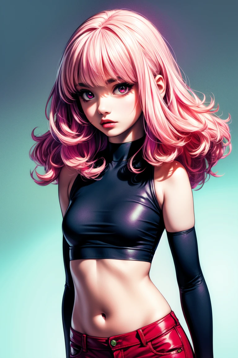 (masterpiece, best quality:1.4), official art, absurdres, vivid colors, looking at viewer, girl, asian teen, long pink hair, beautiful eyes, tight crop top, tight pants, choker, navel, slender, small breasts, cleavage, (arch back), small head, sharp focus, dynamic lighting, cinematic lighting, dramatic shadow, highres, ultra detailed, finely detail, extremely detailed, detailed eyes and face, sharp pupils, realistic pupils, simple background, (arms and hands behind back), pastel color palette, 