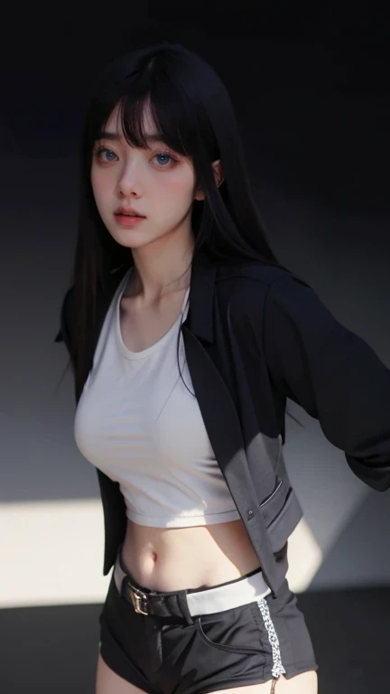 cinematic lighting, masterpiece, UHD, anatomically correct, textured skin, super detail, high quality, award winning, highres, 16k, 8k, full body shot, a young korean woman, age 25, medium breast, ((Boxy Blazer with Biker Shorts)), proud pose, neutral expression, blurred surroundings, Center of attention.