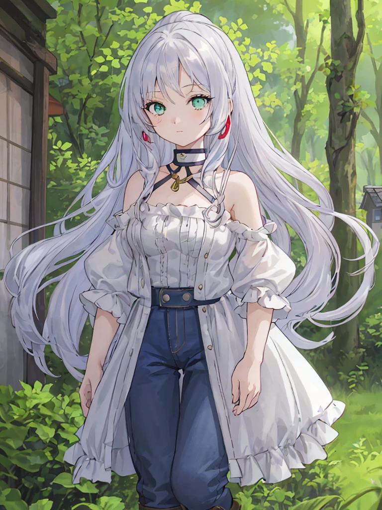 beautiful_silver_hair,beautiful_Emerald_green_eyes,multicolored_eyes,1_beautiful_girl,cute_face,beautiful,perfect_quality,perfect_anatomy,masterpiece,lake,cabins,forest,beautiful,best_quality,one-shoulder top,Skinny jeans,brown_boots