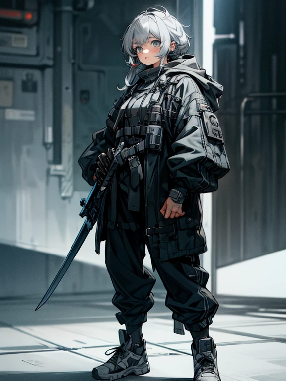 Grey Hair， Royal Sister ， cyberpunk style grey hooded coat，Leather boots，Long knife in hand ，bandage underwear， Chunky Sneakers / mechanical face line ， overall dark blue ， Cold Hues 