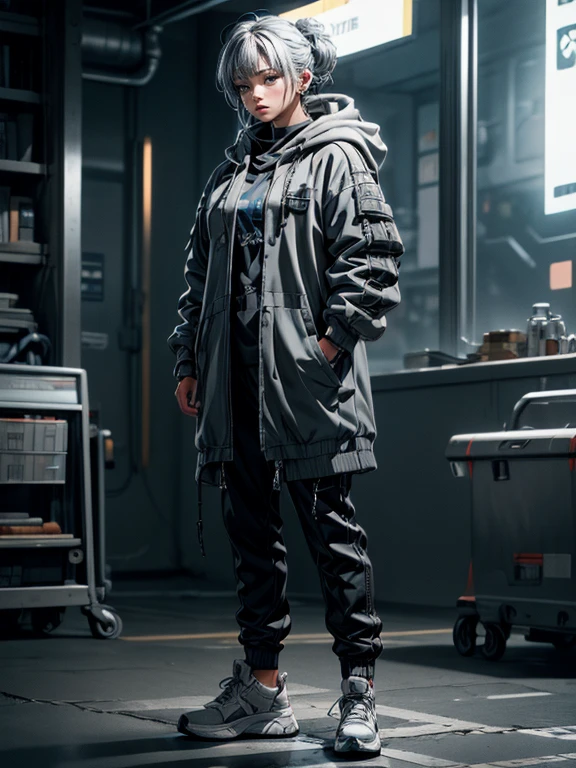 Grey Hair， Royal Sister ， cyberpunk style grey hooded coat，Leather boots，bandage underwear， Chunky Sneakers / mechanical face line ， overall dark blue ， Cold Hues 