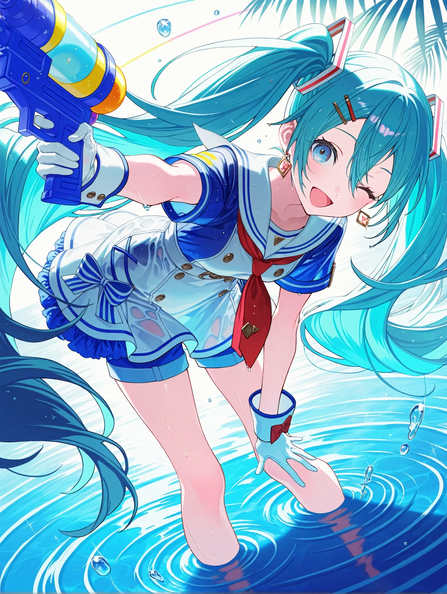 (1 Girl),(high quality), (High resolution), (Very detailed), (8K),(Demolition paperback correct)、Urusei Yatsura、Ram-chan、((White and navy blue sailor suit))、Navy blue pleated skirt、Cute Underwear、((Focus on the whole body))、Nipple Shape、(Black pantyhose)、Hair messed up by the strong wind、Neutral White Lighting,Sexy pose、
