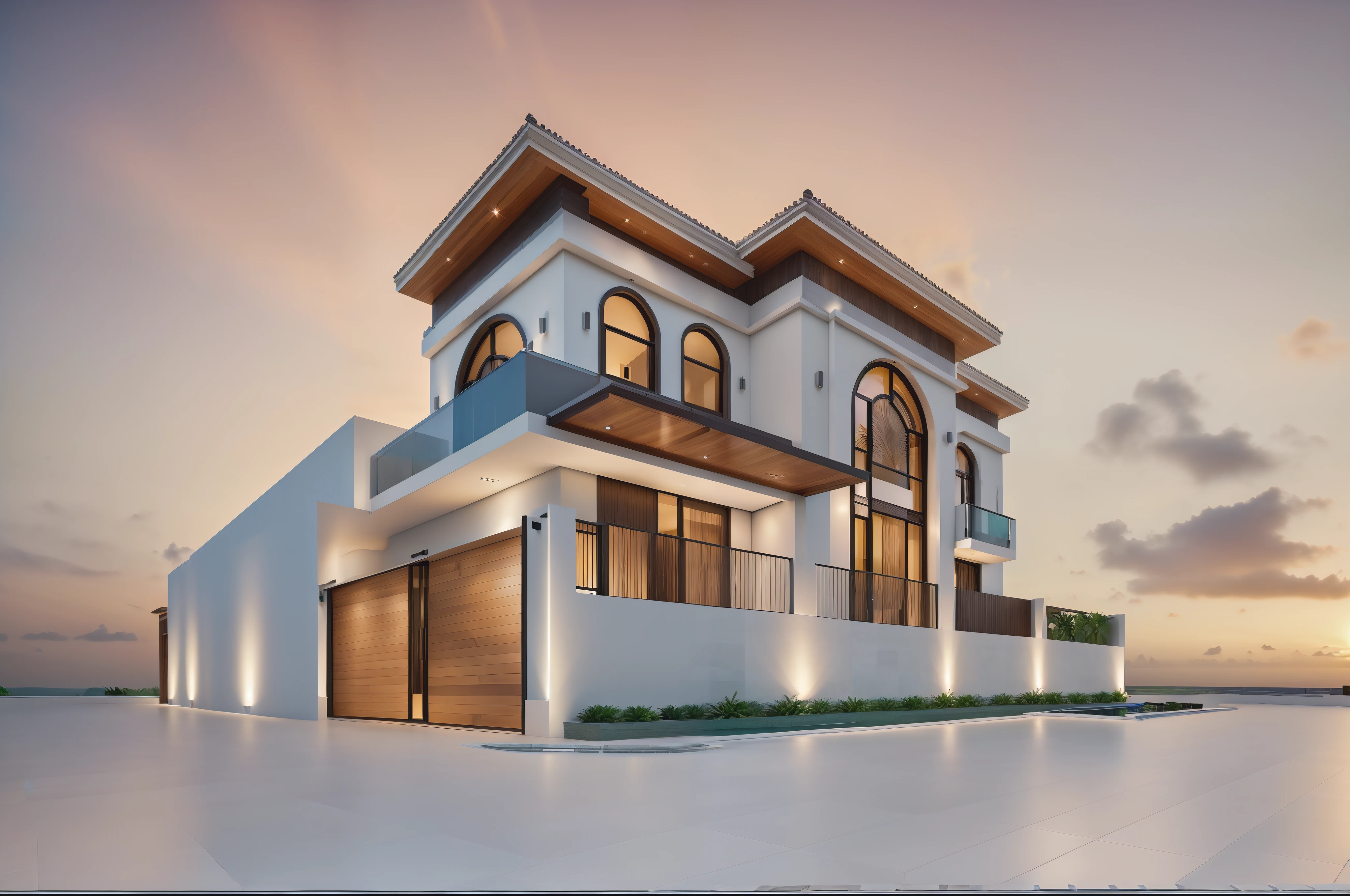 RAW photo,Masterpiece, high quality, best quality, super detail, townhouse, modern house with (tile wall:1.2), glass windows, (wooden ceiling:1.1), railing glass, main door conwood,tropical trees, sunset, beautifu sky, (high detailed :1.2), 16k uhd, dslr, soft lighting, high quality, film grain, 3dmax vray