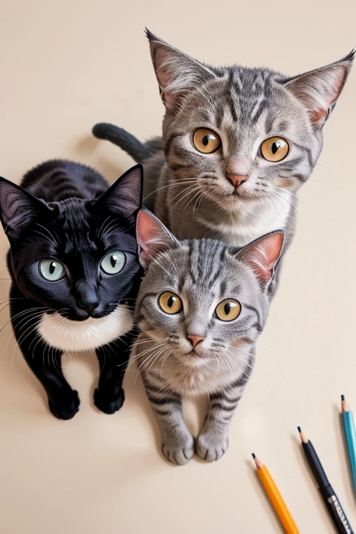 Adorable cats, ((three cats)), Anime, one gray and white cat, one orange cat, one dark gray cat, huge eyes, smile, sweet faces, from above, looking into camera, simple background, cartoon drawing, vivid colors 