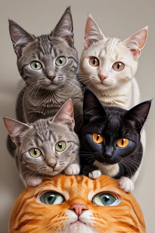 Adorable cats, ((three cats)), Breasts, one gray and white cat, one orange cat, one dark gray cat, huge eyes, smile, sweet faces, from above, looking into camera, simple background, cartoon drawing, vivid colors 