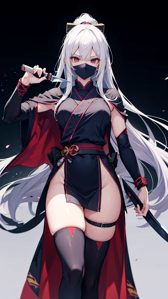 masterpiece, best quality, 1girl, grey hair, shoulder length hair, wavy hair, black hairband, auburn eyes, beautiful detailed eyes, beautiful detailed face, cute face, stoic, professional, ninja, black leotard, black tactical gloves, bare legs, gold bracelets, black thigh-high boots, using katana blade, scabbard, cityscape, night, noir atmosphere.