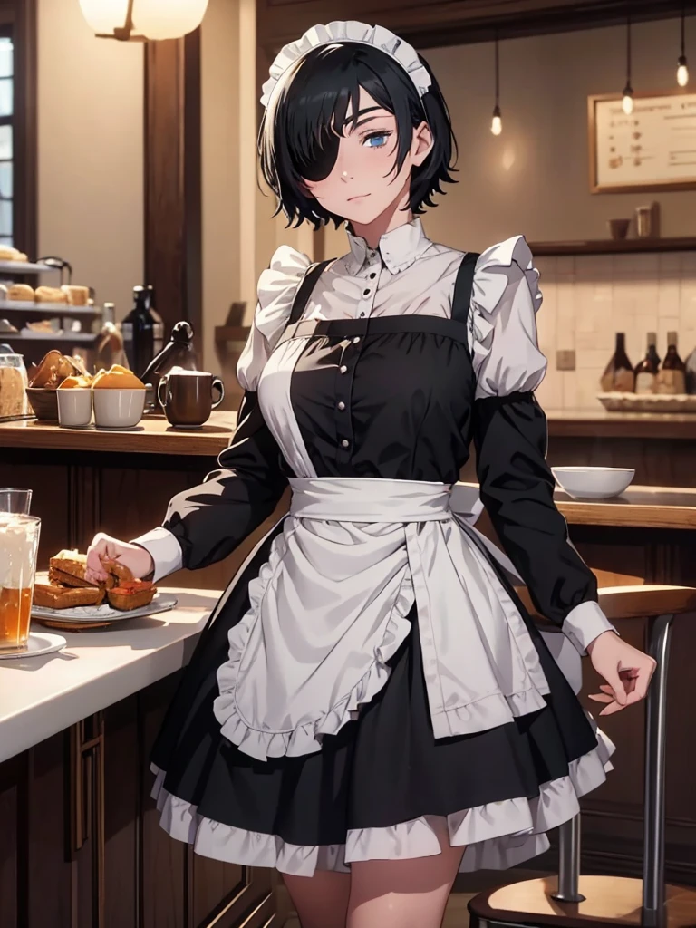 1woman, as a maid, wearing a maid outfit at a cafe, black short hair, blue eyes, eye patch on right eye, sunny day, 8k, high detailed, high quality, high accuracy, full body