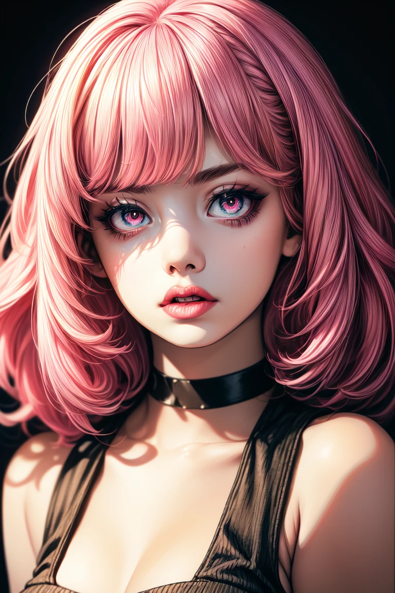 (masterpiece, best quality:1.4), official art, absurdres, vivid colors, looking at viewer, girl, asian teen, long pink hair, beautiful eyes, tight crop top, tight pants, choker, navel, slender, big breasts, cleavage, (arch back), small head, sharp focus, dynamic lighting, cinematic lighting, dramatic shadow, highres, ultra detailed, finely detail, extremely detailed, detailed eyes and face, sharp pupils, realistic pupils, simple background, (arms and hands behind back), pastel color palette, 