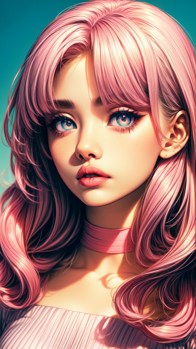 (masterpiece, best quality:1.4), official art, absurdres, vivid colors, looking at viewer, girl, asian teen, long pink hair, beautiful eyes, tight crop top, tight pants, choker, navel, slender, big breasts, cleavage, (arch back), small head, sharp focus, dynamic lighting, cinematic lighting, dramatic shadow, highres, ultra detailed, finely detail, extremely detailed, detailed eyes and face, sharp pupils, realistic pupils, simple background, (arms and hands behind back), pastel color palette, 