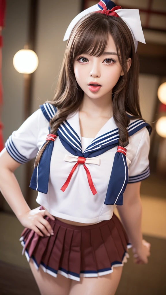 １a beauty girl、hi-school girl、a sailor suit、Photo seen from below、a miniskirt、Lower milk is visible、I can see my panties.、full body Esbian、A slight smil、Chestnut hair、black girdle stockings、black panties are visible、wearing a guard belt