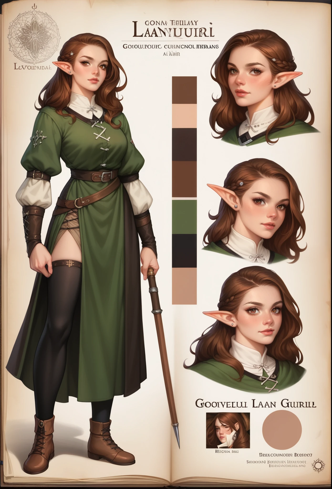 1girl, RPG character, A highly detailed, best quality, RPG style, conceptual art, character sheet, gorgeous girl, she elf, Black medieval tunic, black leggings, brown hair, pale fair skin, brown eyes, paper roll, parchment, color grid, scars, piercings, lean and tall, score_9, score_8_up, score_7_up