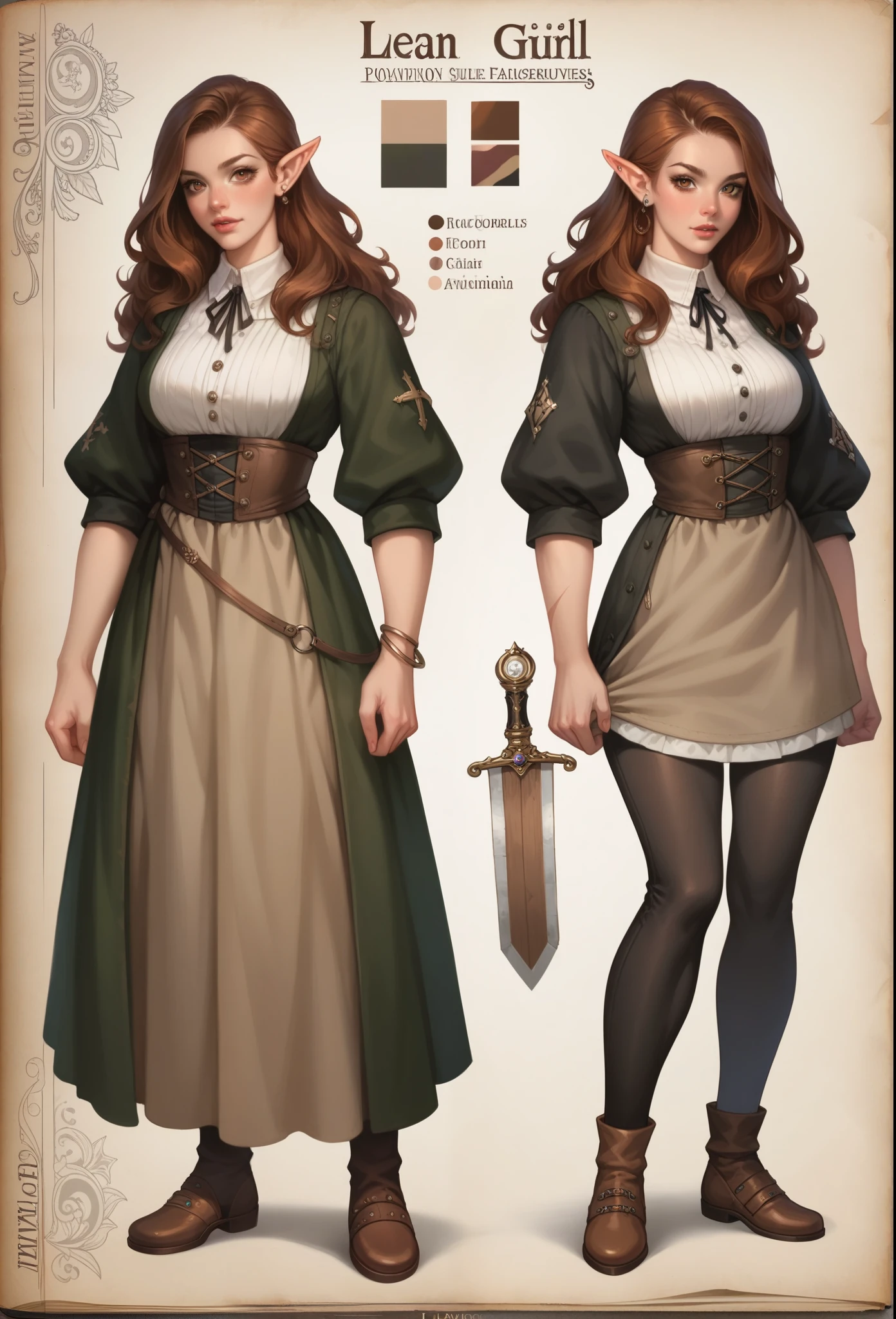 1girl, RPG character, A highly detailed, best quality, RPG style, conceptual art, character sheet, gorgeous girl, she elf, Black medieval tunic, black leggings, brown hair, pale fair skin, brown eyes, paper roll, parchment, color grid, scars, piercings, lean and tall, score_9, score_8_up, score_7_up