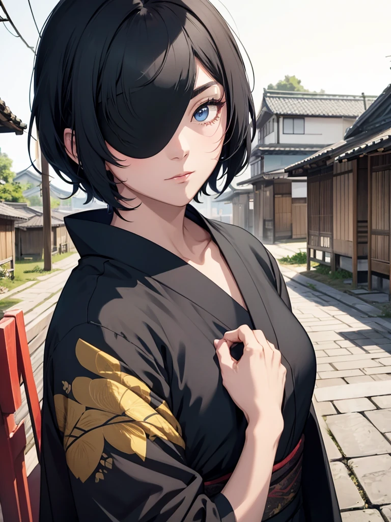 1woman, wearing a long Japanese kimono, at a village, black short hair, blue eyes, eye patch on right eye, 8k, high detailed, high quality, high accuracy, full body