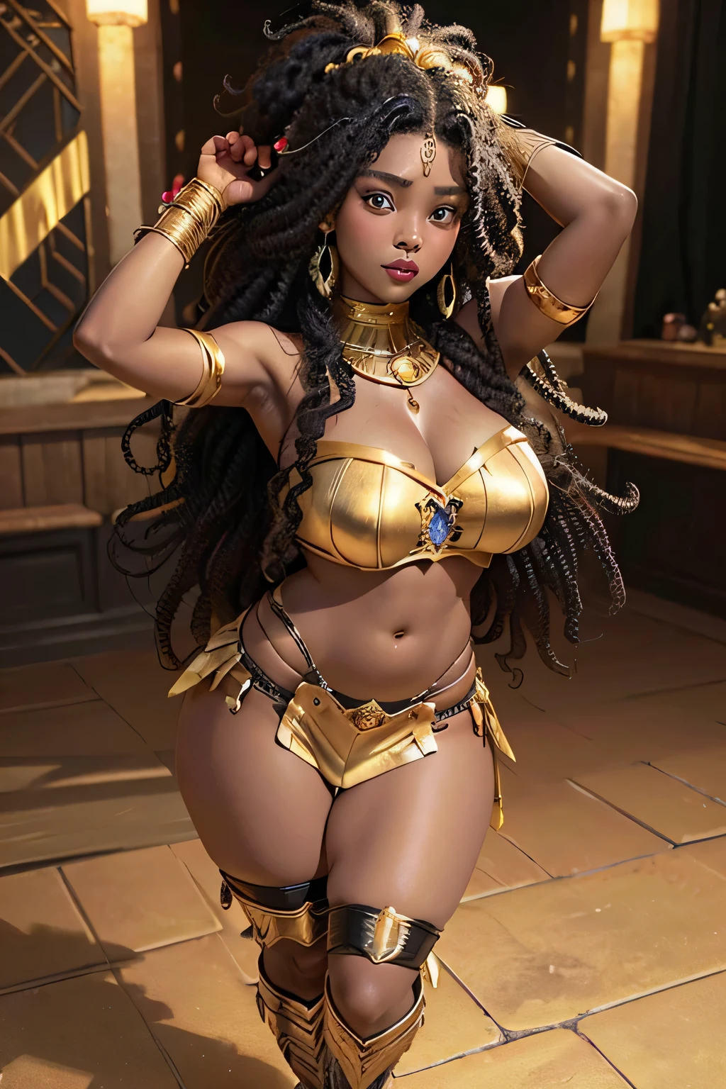 dark skinned, Detailed beautiful young woman, golden greenish-brown hair, long, wavy and messy hair, Detaiiled yeux rouge, delicate symmetrical realistic and beautiful face, (Backgroung of the Magic Forest),  Ranger nue, fairy, fleurs sauvages se fondant dans les cheveux, corps entier, Masterpiece, absurdes,fine detail, couleurs riches, dramatic lighting, Extremely detailed, lighting cinematic