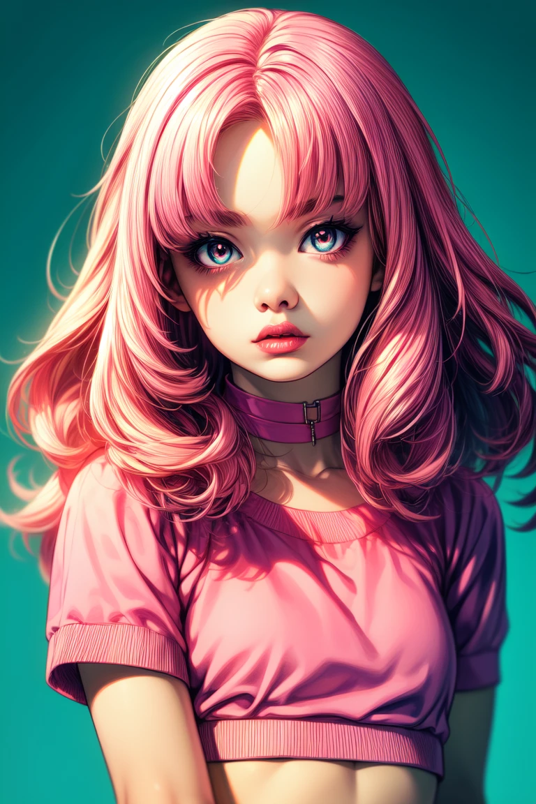 (masterpiece, best quality:1.4), official art, absurdres, vivid colors, looking at viewer, girl, asian teen, long pink hair, beautiful eyes, tight crop top, tight pants, choker, navel, slender, big breasts, cleavage, (arch back), small head, sharp focus, dynamic lighting, cinematic lighting, dramatic shadow, highres, ultra detailed, finely detail, extremely detailed, detailed eyes and face, sharp pupils, realistic pupils, simple background, (arms and hands behind back), pastel color palette, 