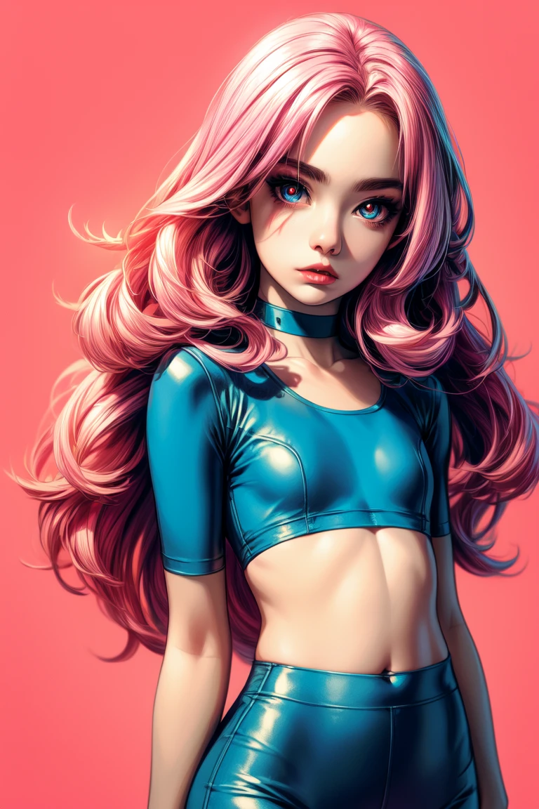 (masterpiece, best quality:1.4), official art, absurdres, vivid colors, looking at viewer, girl, asian teen, long pink hair, beautiful eyes, tight crop top, tight pants, choker, navel, slender, big breasts, cleavage, (arch back), small head, sharp focus, dynamic lighting, cinematic lighting, dramatic shadow, highres, ultra detailed, finely detail, extremely detailed, detailed eyes and face, sharp pupils, realistic pupils, simple background, (arms and hands behind back), pastel color palette, 