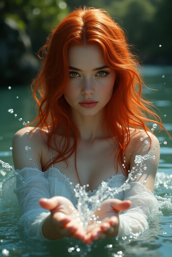 A naked red-haired Amazon.She enjoys the rain and smiles cheerfully, professional photography, natural lighting, volumetric lighting maximalist photo illustration 8k resolution concept art intricately detailed, complex, elegant, expansive, fantastical, realistic beauty, long red hair, unique eyes, natural beauty, forest, feminine, rain, river bank, sultry beauty, professional portrait, abstract beauty. super detailed photography, Play of light in the sun rain, downpour, ((a drop of water falling from a height onto the surface of the water)), splashes, luminism, intricate, 4k concept art volumetric light, unrealistic engine, global illumination, detailed environment.